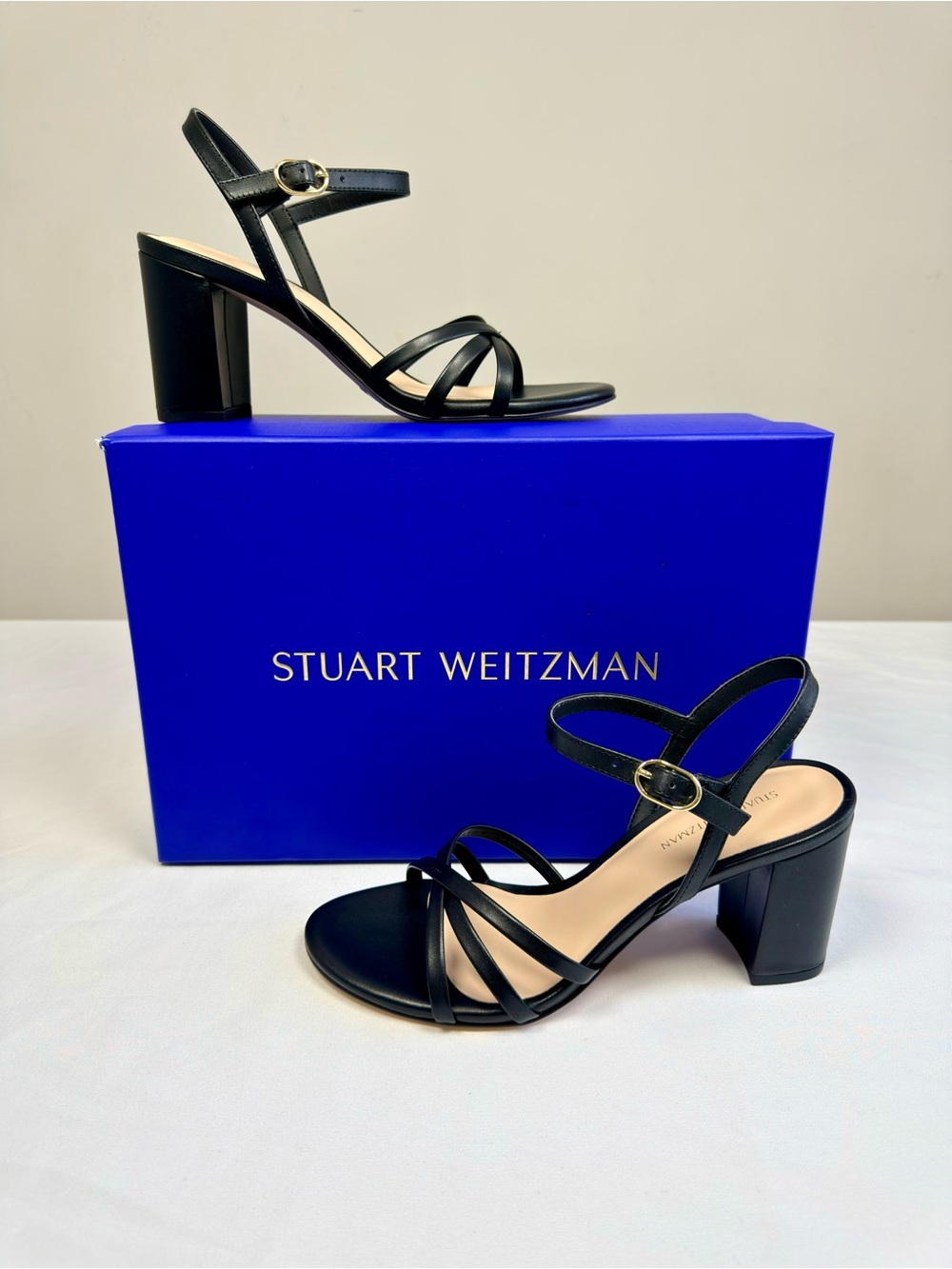 Stuart Weitzman 75MM Starla Leather Block Heel Sandals - Black Size 6.5
